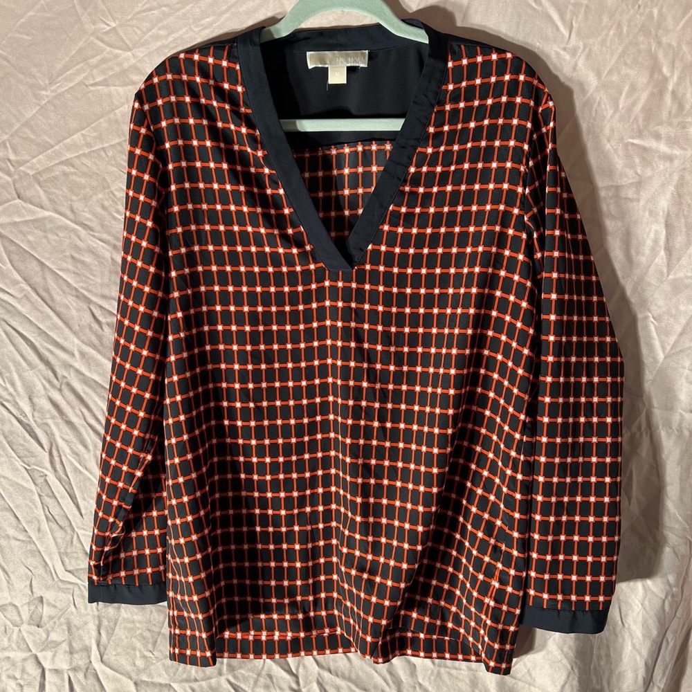 Michael Kors V Neck Plaid orange & blue Blouse Tunic Long Sleeve